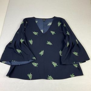 Ann Taylor Blouse Blue Leaf Print Pleated Flared 3/4 Sleeve Shirt PL Petites